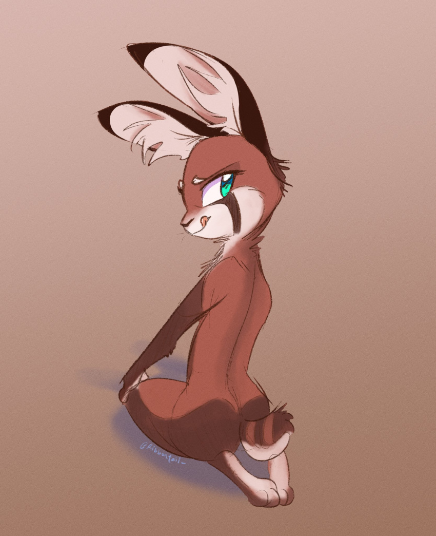 2019 ailurid anthro brown_background brown_body brown_fur female fur hi_res hybrid inner_ear_fluff kneeling lagomorph leporid looking_back mammal nude rabbit red_panda ribbontini ribbontini_(character) simple_background solo tongue tongue_out tuft