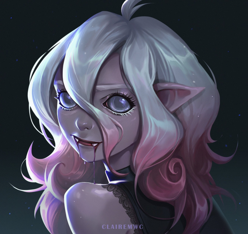 ahoge bare_shoulders blood briar_(league_of_legends) clairemwc colored_skin fangs fangs_out female grey_eyes grey_hair hair_between_eyes highres league_of_legends long_hair looking_at_viewer multicolored_hair pink_hair pointy_ears sharp_teeth solo teeth two-tone_hair vampire