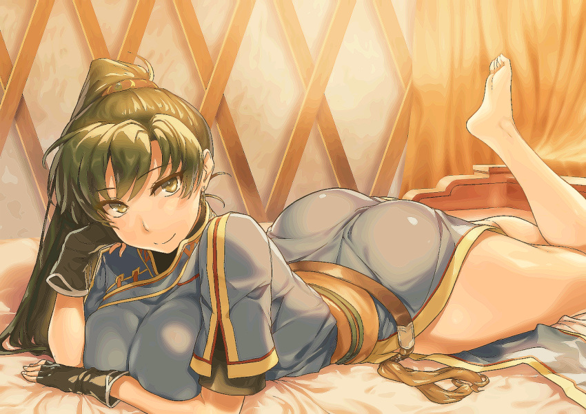 ass asymmetrical_bangs barefoot belt black_gloves blush breasts closed_mouth commission earrings feet_up female fingerless_gloves fire_emblem fire_emblem:_the_blazing_blade gloves green_eyes green_hair high_ponytail jewelry large_breasts long_hair looking_at_viewer lying lyn_(fire_emblem) obi on_stomach pixiv_commission ponytail sajittari sash sepia short_sleeves side_slit smile solo the_pose thighs