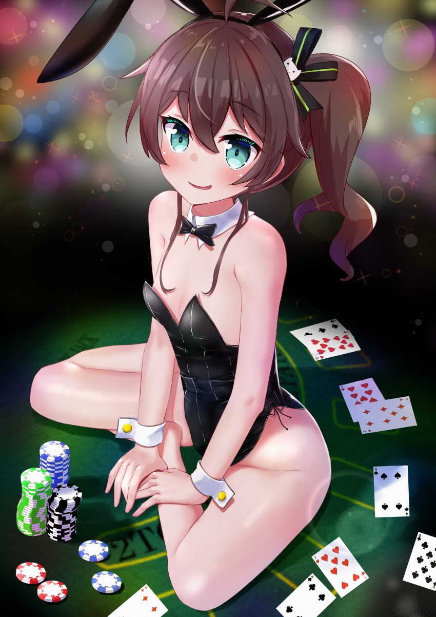 absurdres animal_ears bare_legs black_leotard black_ribbon blackjack_table blush bow bowtie breasts brown_hair card cat_hair_ornament commentary detached_collar fake_animal_ears female full_body green_eyes hair_between_eyes hair_ornament hair_ribbon highres hololive leotard natsuiro_matsuri ontake2009 open_mouth oversized_breast_cup playboy_bunny playing_card poker_chip rabbit_ears ribbon short_hair side_ponytail sitting sitting_on_table small_breasts smile solo strapless strapless_leotard table virtual_youtuber wrist_cuffs