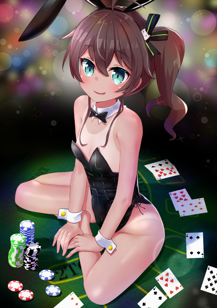 absurdres animal_ears bare_legs black_leotard black_ribbon blackjack_table blush bow bowtie breasts brown_hair card cat_hair_ornament commentary detached_collar fake_animal_ears female full_body green_eyes hair_between_eyes hair_ornament hair_ribbon highres hololive leotard natsuiro_matsuri one-piece_tan ontake2009 open_mouth oversized_breast_cup playboy_bunny playing_card poker_chip rabbit_ears ribbon short_hair side_ponytail sitting sitting_on_table small_breasts smile solo strapless strapless_leotard table tan tanlines virtual_youtuber wrist_cuffs