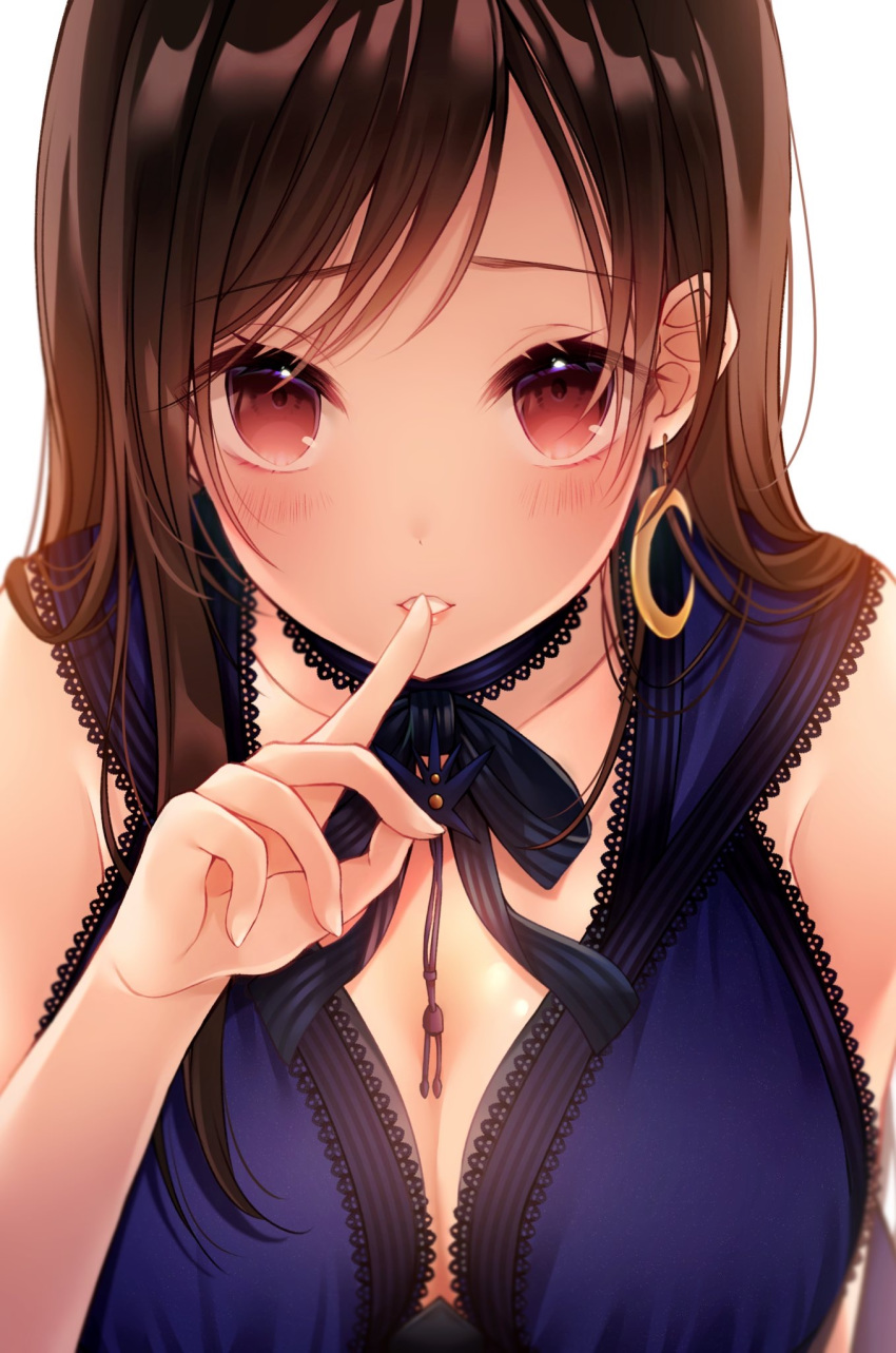 bad_id bad_pixiv_id black_hair blush breasts cleavage commentary_request crescent crescent_earrings dress earrings female final_fantasy final_fantasy_vii final_fantasy_vii_remake finger_to_mouth hair_flowing_over highres jewelry kuro_namako lace_trim large_breasts long_hair looking_at_viewer official_alternate_costume open_mouth red_eyes simple_background solo tifa_lockhart tifa_lockhart_(refined_dress) white_background