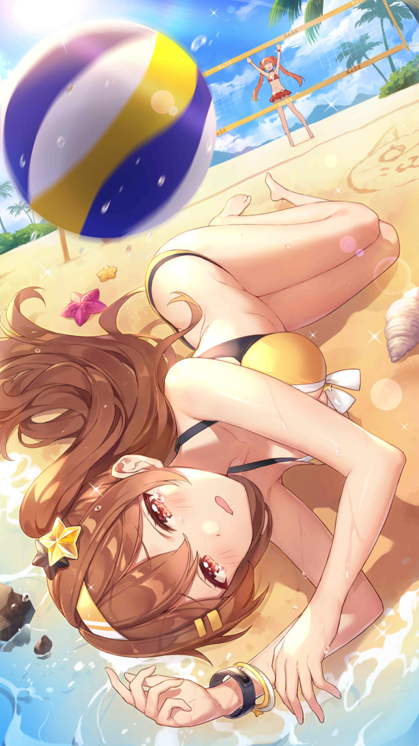 2girls arms_up ball bare_arms bare_shoulders barefoot beach beach_volleyball beachball bikini bracelet breasts brown_hair cleavage collarbone criin crying crying_with_eyes_open day front-tie_bikini front-tie_top girl_cafe_gun glint hair_ornament hairband hairclip halter_top halterneck highres irene_white_(girl_cafe_gun) jewelry large_breasts long_hair looking_at_viewer lying motion_blur multiple_girls official_art on_side one_side_up open_mouth outdoors red_eyes rococo_(girl_cafe_gun) shell solo_focus star star_hair_ornament starfish sunlight swimsuit tears thighs volleyball_net water wet yellow_bikini