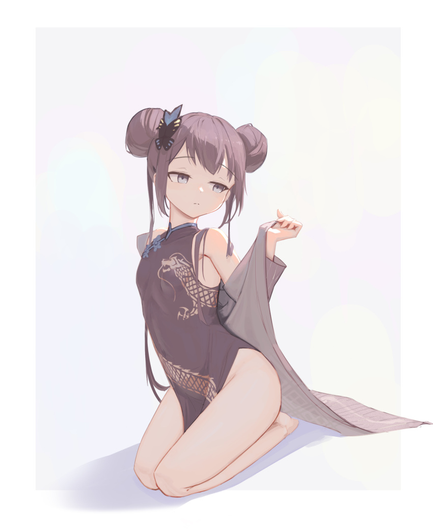 absurdres aton_(user_kufr5245) barefoot black_dress black_hair blue_archive border breasts china_dress chinese_clothes closed_mouth clothes_between_thighs double_bun dress female grey_eyes grey_jacket hair_bun highres jacket jacket_partially_removed kisaki_(blue_archive) looking_to_the_side muted_color no_pants seiza shadow simple_background sitting sleeveless sleeveless_dress small_breasts solo white_background white_border