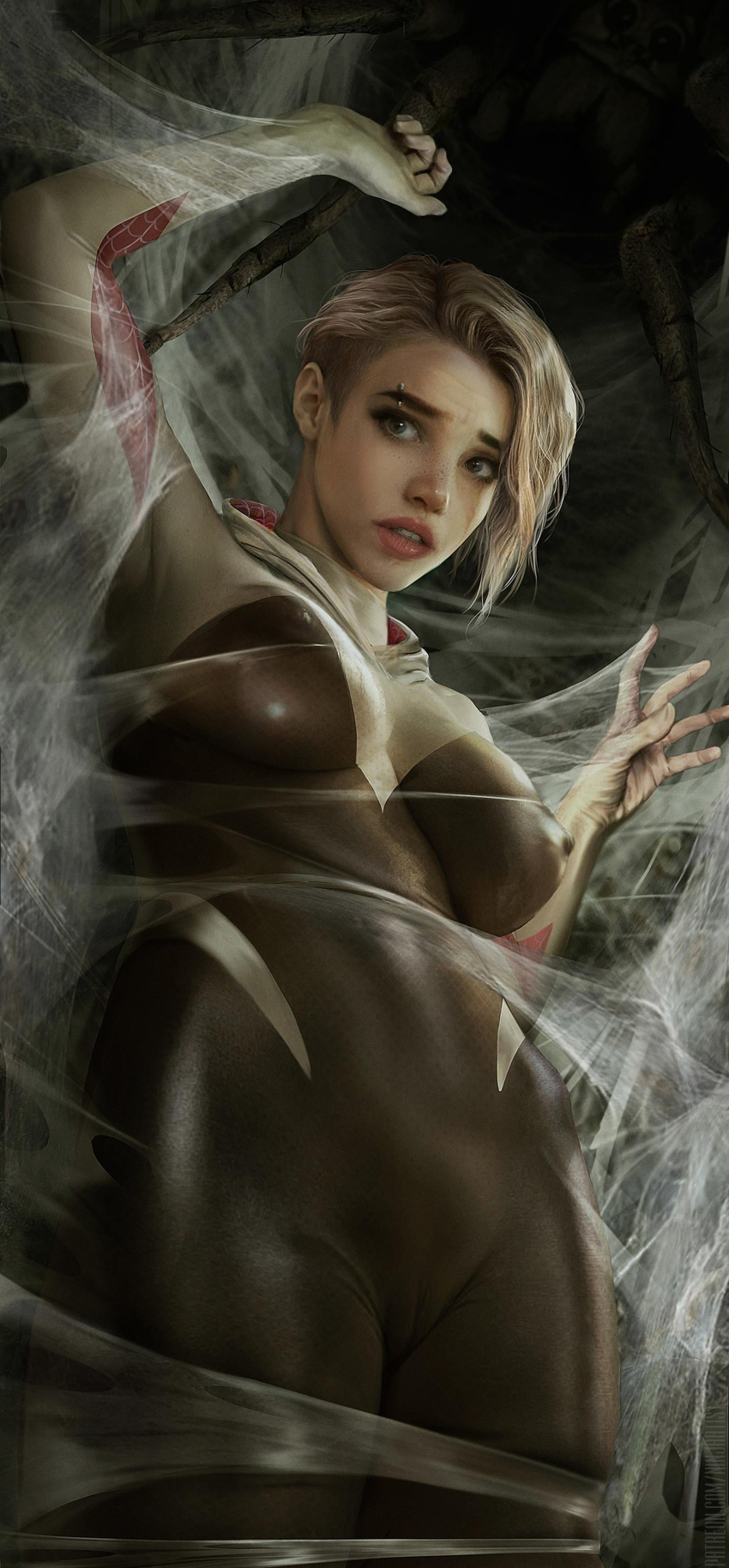 1girls big_breasts blonde_hair blue_eyes breasts cameltoe clothing dirty erect_nipples erect_nipples_under_clothes female female_only femsub gwen_stacy highres marvel ninjartist nipple_bulge piercing pussy realistic restrained short_hair spider spider-gwen spider-man:_into_the_spider-verse spider-man_(series) tight_clothing torn_clothes web web_bondage wide_hips worried