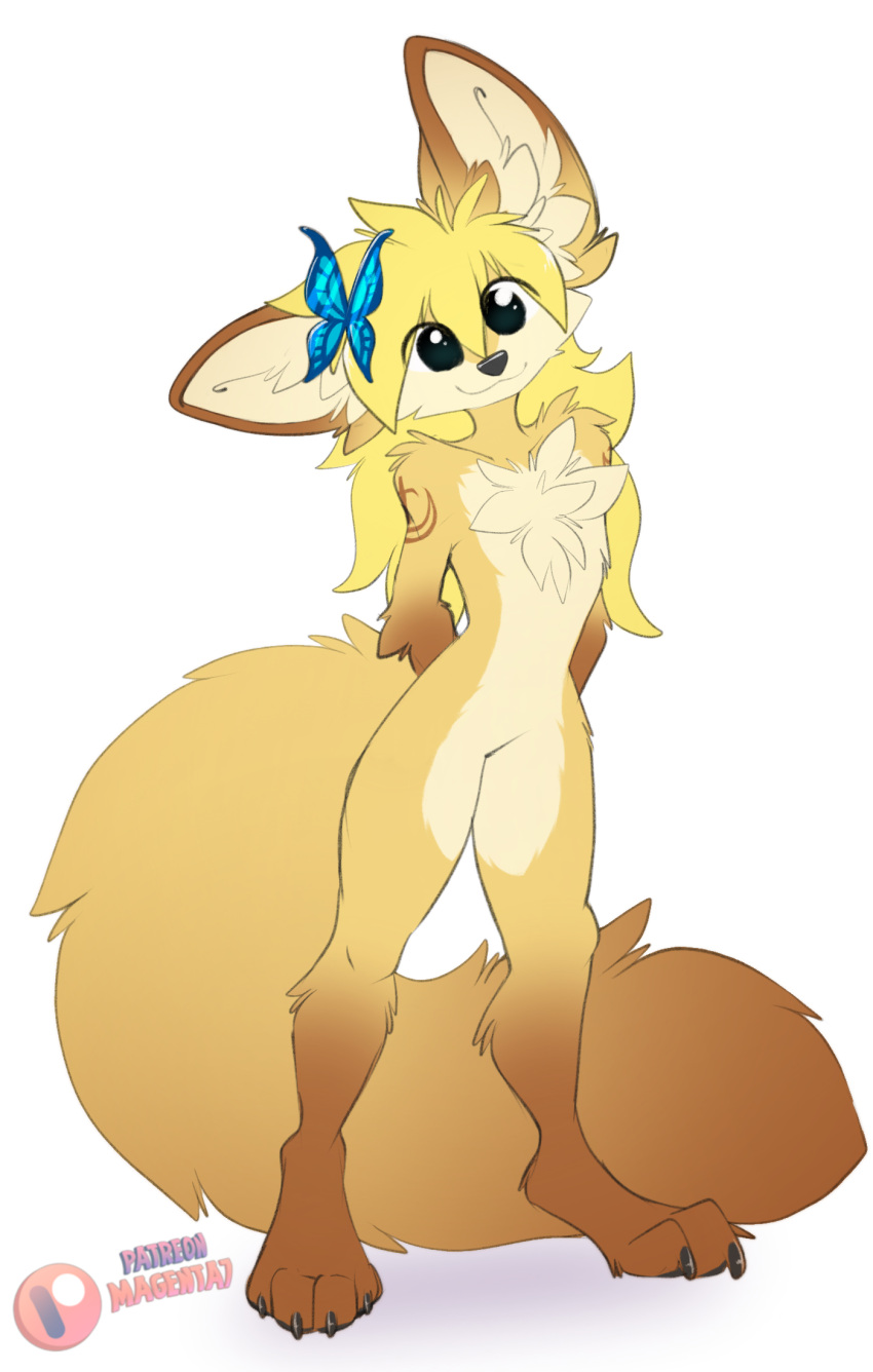 4_toes accessory anthro blonde_hair butterfly_clip canid canine chest_tuft claws digital_media_(artwork) digitigrade feet female fennec_fox flat_chested fluffy fox hair hair_accessory hairclip hi_res kaiyonato magenta7 mammal paws smile solo toes true_fox tuft