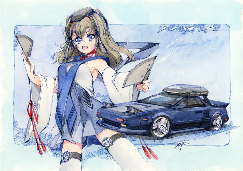 armpit_peek blue_background blue_skirt breasts brown_hair car detached_sleeves female hand_fan hi_fumiyo highres holding holding_fan long_hair looking_at_viewer medium_breasts motor_vehicle open_mouth original personification red_ribbon ribbon shirt skirt solo sports_car thighhighs toyota toyota_mr2 toyota_mr2_aw11 vehicle_and_personification vehicle_name white_shirt white_thighhighs wide_sleeves