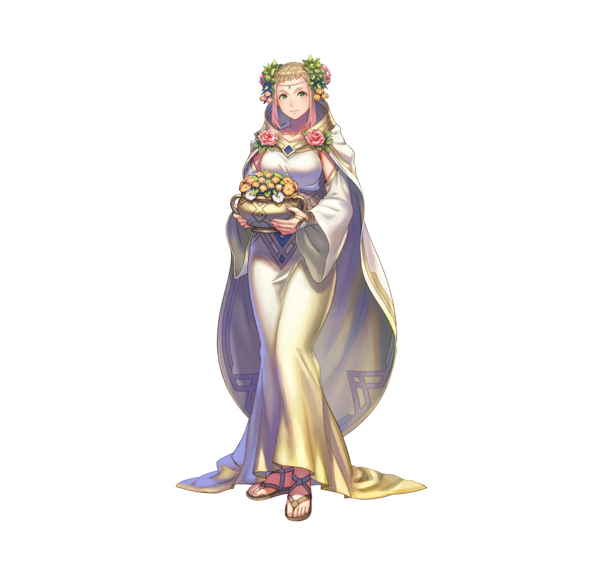 absurdres anbe_yoshirou blonde_hair breasts cape circlet closed_mouth collarbone dress female fingernails fire_emblem fire_emblem_heroes flower flower_pot full_body gold_trim gradient_clothes gradient_hair hair_ornament henriette_(fire_emblem) henriette_(valentine)_(fire_emblem) highres holding jewelry long_dress looking_at_viewer medium_breasts multicolored_hair official_art pink_hair sandals sidelocks simple_background smile standing toes white_background wide_sleeves