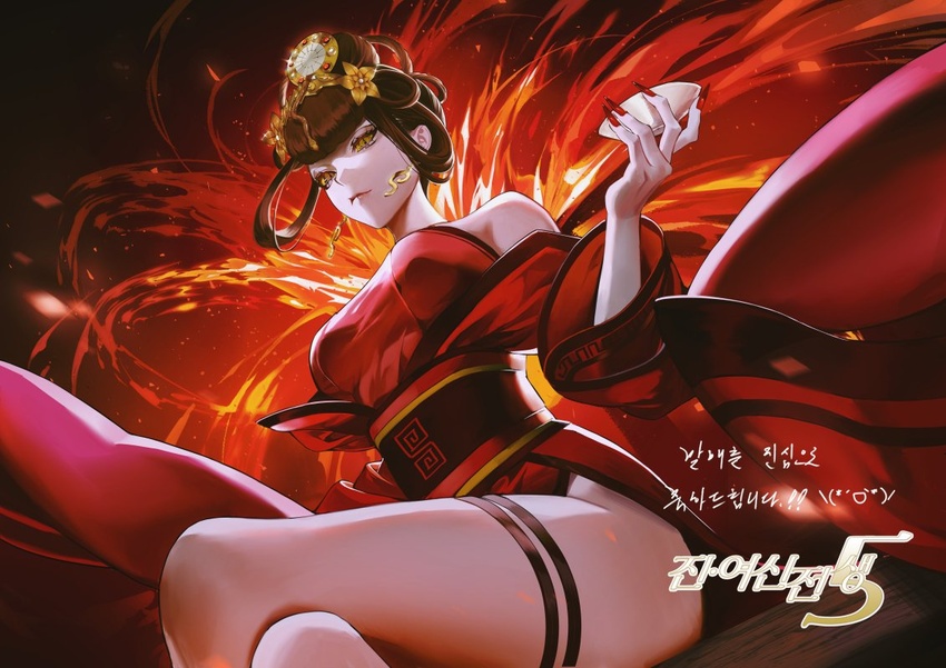 bare_shoulders black_hair breasts chinese_clothes commentary_request crossed_legs cup detached_sleeves dress earrings female fingernails fire hair_ornament hair_rings jewelry korean_commentary korean_text large_breasts looking_at_viewer looking_down nea_(nongta2002) nuwa_(megami_tensei) pale_skin red_dress sakazuki sash sharp_fingernails shin_megami_tensei shin_megami_tensei_v slit_pupils solo thighs yellow_eyes