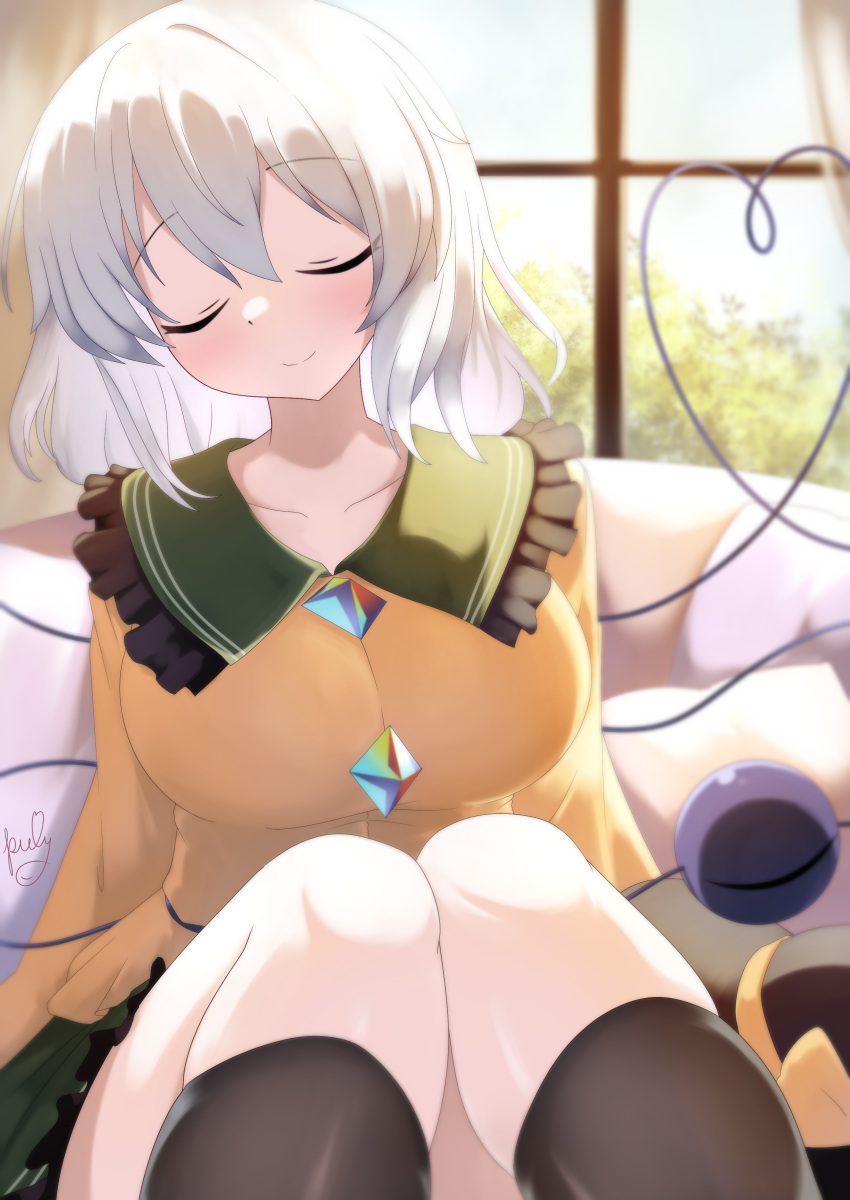 absurdres blouse breasts buttons commentary_request diamond_button eyeball female frilled_shirt_collar frilled_sleeves frills green_skirt grey_hair highres komeiji_koishi large_breasts light_green_hair long_sleeves medium_hair polyhedron2 shirt skirt sleeping solo third_eye touhou wavy_hair wide_sleeves yellow_shirt