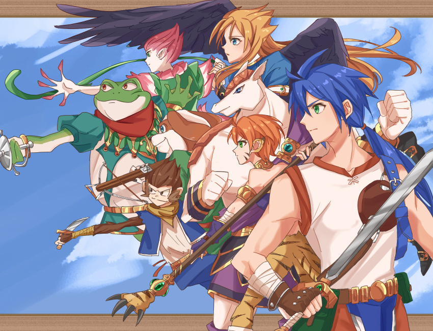 3girls 5boys bandana black_wings blue_background blue_eyes blue_hair bow_(breath_of_fire) breath_of_fire breath_of_fire_ii brown_eyes brown_gloves clenched_hand crossbow ekaru_hoppe_de_pe_tapeta feathered_wings fingerless_gloves frog gloves green_eyes highres holding holding_sword holding_weapon kirikuraria knife monkey multiple_boys multiple_girls nina_(breath_of_fire_ii) outdoors pink_hair ponytail rand_marks rinpoo_chuan ryuu_(breath_of_fire_ii) sky sleeveless spar staff standing sten_legacy sword tail weapon whip wings