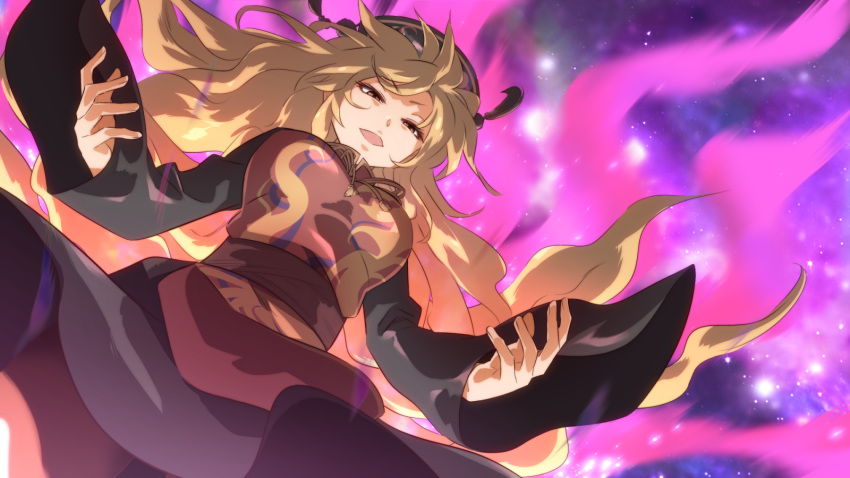 aura black_dress black_headwear blonde_hair breasts commentary_request dress dutch_angle evil_eyes female floating_hair from_below half-closed_eyes headdress highres junko_(touhou) large_breasts long_hair long_sleeves neck_ribbon ribbon shundou_heishirou solo space star_(sky) swept_bangs tabard tassel touhou v-shaped_eyebrows very_long_hair wide_sleeves yellow_ribbon