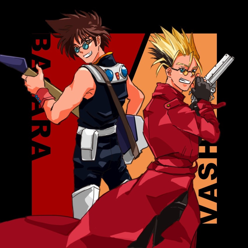 2boys back_turned belt_pouch blonde_hair blue_eyes brown_hair coat crossover from_side glasses guitar gun handgun instrument macross macross_7 male_focus multicolored_hair multiple_boys nekki_basara pouch spiked_hair thighhighs trench_coat trigun two-tone_hair vash_the_stampede weapon yellow_eyes yumekijiiro