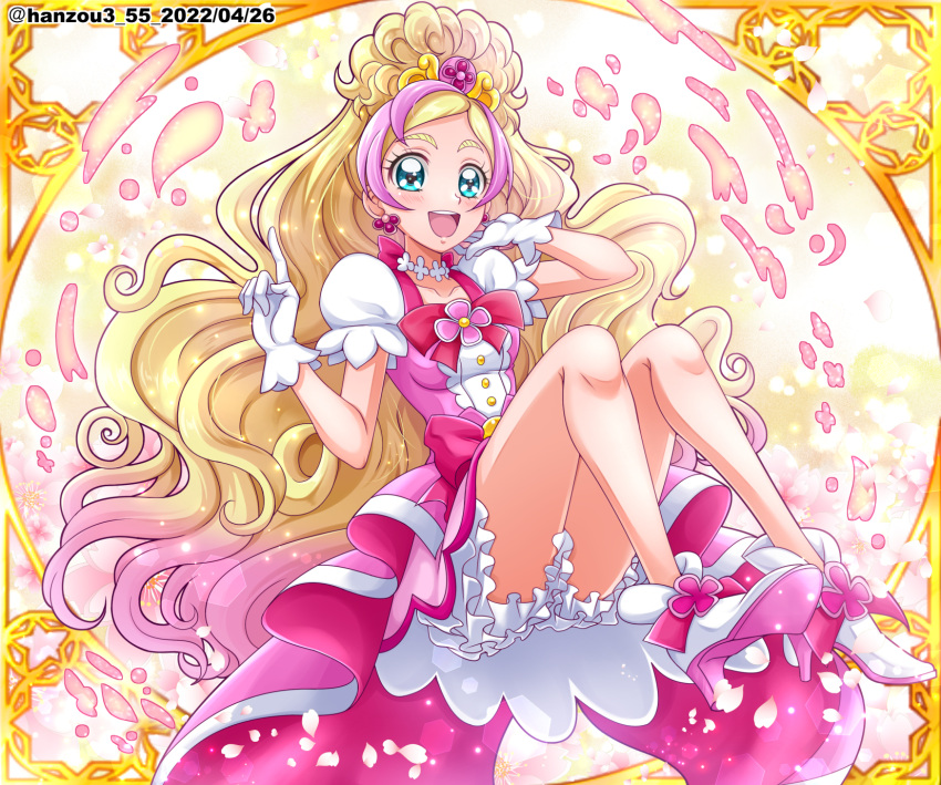 ankle_boots blonde_hair bloomers blue_eyes boots bow commentary cure_flora dated dress earrings female floating gloves go!_princess_precure gradient_hair half-dress hand_in_own_hair hanzou haruno_haruka high_heel_boots high_heels highres index_finger_raised jewelry long_hair looking_at_viewer magical_girl miniskirt multicolored_hair open_mouth pink_bow pink_dress pink_hair pink_skirt precure skirt smile solo streaked_hair swept_bangs tiara twitter_username two-tone_hair underwear very_long_hair waist_bow white_footwear white_gloves