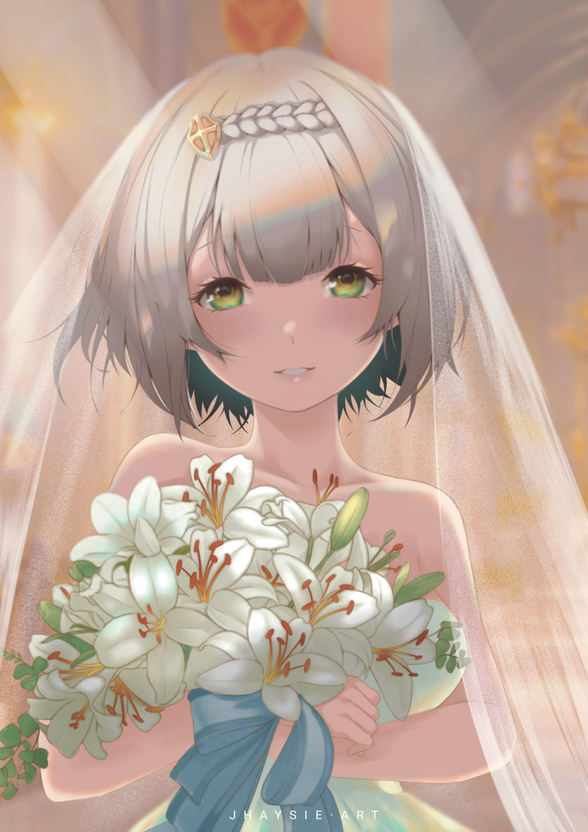 absurdres blush bouquet bridal_veil bride dress english_commentary female flower genshin_impact green_eyes grey_hair highres holding holding_bouquet jhaysie looking_at_viewer noelle_(genshin_impact) short_hair smile solo upper_body veil wedding wedding_dress