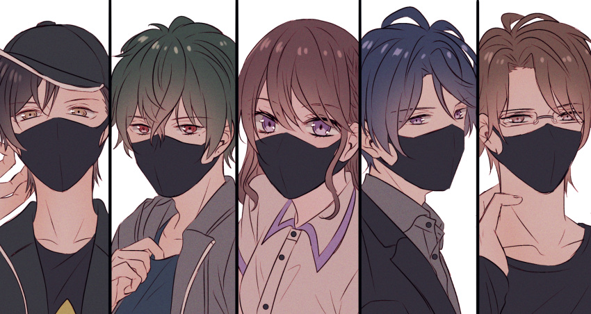 4boys baseball_cap black_headwear blue_hair brown_eyes brown_hair female glasses green_hair hat highres izumi_rei_(stand_my_heroes) kagura_aki long_hair looking_at_viewer mady_(madine08260) maki_keita mask mouth_mask multiple_boys natsume_haru_(stand_my_heroes) purple_eyes red_eyes simple_background stand_my_heroes sugano_matsuki