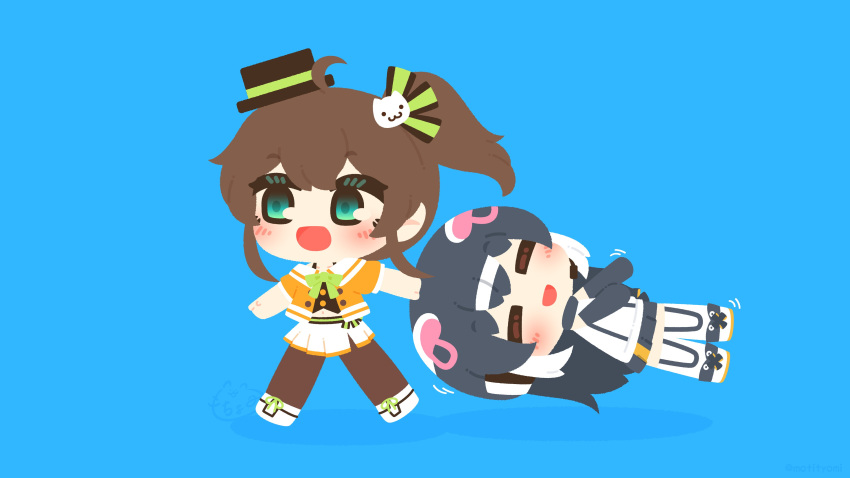 2girls :d =_= absurdres african_penguin_(kemono_friends) aqua_eyes black_hair blue_background blush brown_hair cat_hair_ornament chibi closed_eyes commentary crossover dragging hair_ornament hat highres hololive kemono_friends kemono_friends_v_project mini_hat mini_top_hat motyomi multiple_girls natsuiro_matsuri natsuiro_matsuri_(1st_costume) side_ponytail simple_background smile tilted_headwear top_hat virtual_youtuber walking