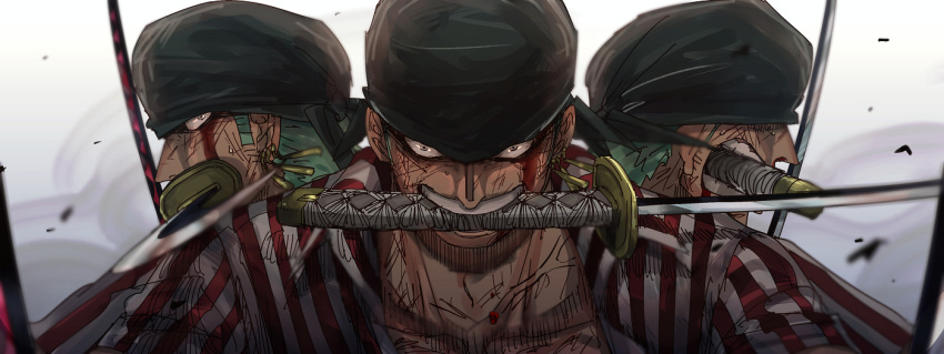 3boys bandana blood blood_on_face fighting_stance green_hair holding holding_sword holding_weapon injury male_focus multiple_boys multiple_persona nekome3 official_alternate_costume one_piece roronoa_zoro sword weapon