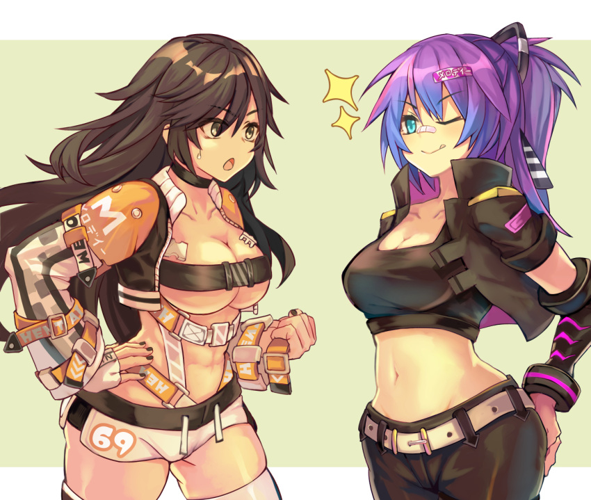 2girls 69_(meme) :o abs aqua_eyes bandaid bandaid_on_face belt black_choker black_eyes black_hair black_jacket black_nails blue_eyes borrowed_character breasts checkered_clothes choker cleavage cleavage_cutout clenched_hand clothing_cutout collarbone commission cosplay costume_switch cowboy_shot crop_top cropped_jacket curvy gauntlets hair_flowing_over hair_ornament hairclip hand_on_own_ass high_collar iridescent jacket light_blush long_bangs long_hair long_sleeves medium_breasts melody_(projektmelody) melody_(projektmelody)_(cosplay) meme micro_shorts midriff multicolored_hair multiple_girls navel one_eye_closed open_mouth original ponytail purple_hair raised_eyebrows revealing_clothes ribbon sera_(judgemint) sera_(judgemint)_(cosplay) shiny_skin short_shorts short_sleeves shorts simple_background skeb_commission smile smirk sparkle strap striped striped_ribbon sweatdrop thighs tongue tongue_out two-tone_hair unbuckled virtual_youtuber vshojo white_belt white_shorts yellow_background yellow_eyes yu_kitsune