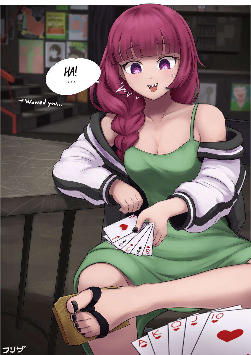 @_@ absurdres ace_(playing_card) ace_of_hearts blunt_bangs bocchi_the_rock! braid breasts card cleavage commission dress efreezerarts eight_of_clubs eight_of_diamonds_(playing_card) eight_of_hearts english_text feet female five_of_clubs green_dress heart highres hiroi_kikuri holding holding_card jack_(playing_card) jack_of_hearts jacket king_(playing_card) king_of_hearts_(playing_card) long_hair long_sleeves nail_polish open_clothes open_jacket open_mouth paid_reward_available playing_card poker pov purple_eyes purple_hair purple_nails queen_(playing_card) queen_of_hearts_(playing_card) royal_flush sitting speech_bubble teeth ten_of_hearts three_of_hearts toenail_polish toenails toes upper_teeth_only