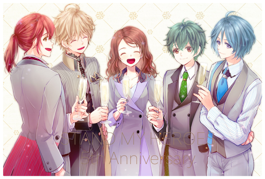 4boys ^_^ alcohol anniversary argyle_background blonde_hair blue_hair blue_necktie brown_eyes brown_hair buttoned_cuffs buttons champagne closed_eyes closed_mouth coat collared_shirt commentary_request copyright_name cowboy_shot crossed_arms cup double-breasted facing_another facing_viewer female from_side green_hair green_necktie grey_coat grey_jacket grey_pants grey_vest hair_between_eyes hand_in_pocket highres hiyama_takaomi holding holding_cup izumi_rei_(stand_my_heroes) jacket kagura_aki lapels long_sleeves looking_at_viewer looking_to_the_side maki_keita multiple_boys necktie notched_lapels ootani_hitori open_clothes open_jacket open_mouth pants pinstripe_pants pinstripe_pattern pinstripe_shirt purple_eyes red_hair rimecandy shirt smile stand_my_heroes standing vest white_background white_shirt