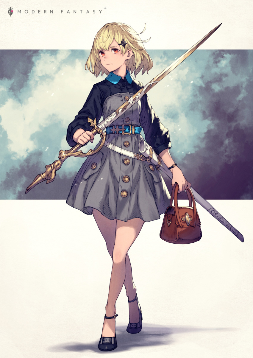 absurdres bag belt black_footwear blonde_hair blue_belt blush buttons closed_mouth commentary_request dress female full_body grey_dress highres holding holding_bag holding_sword holding_weapon kusano_shinta medium_hair orange_eyes original scabbard sheath solo standing sword weapon