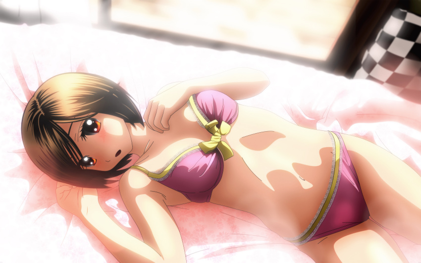 absurdres bikini brown_eyes brown_hair girl_friends_(manga) highres kumakura_mariko looking_at_viewer lying on_back on_bed pink_bikini self-upload short_hair surprised swimsuit urzuse7en