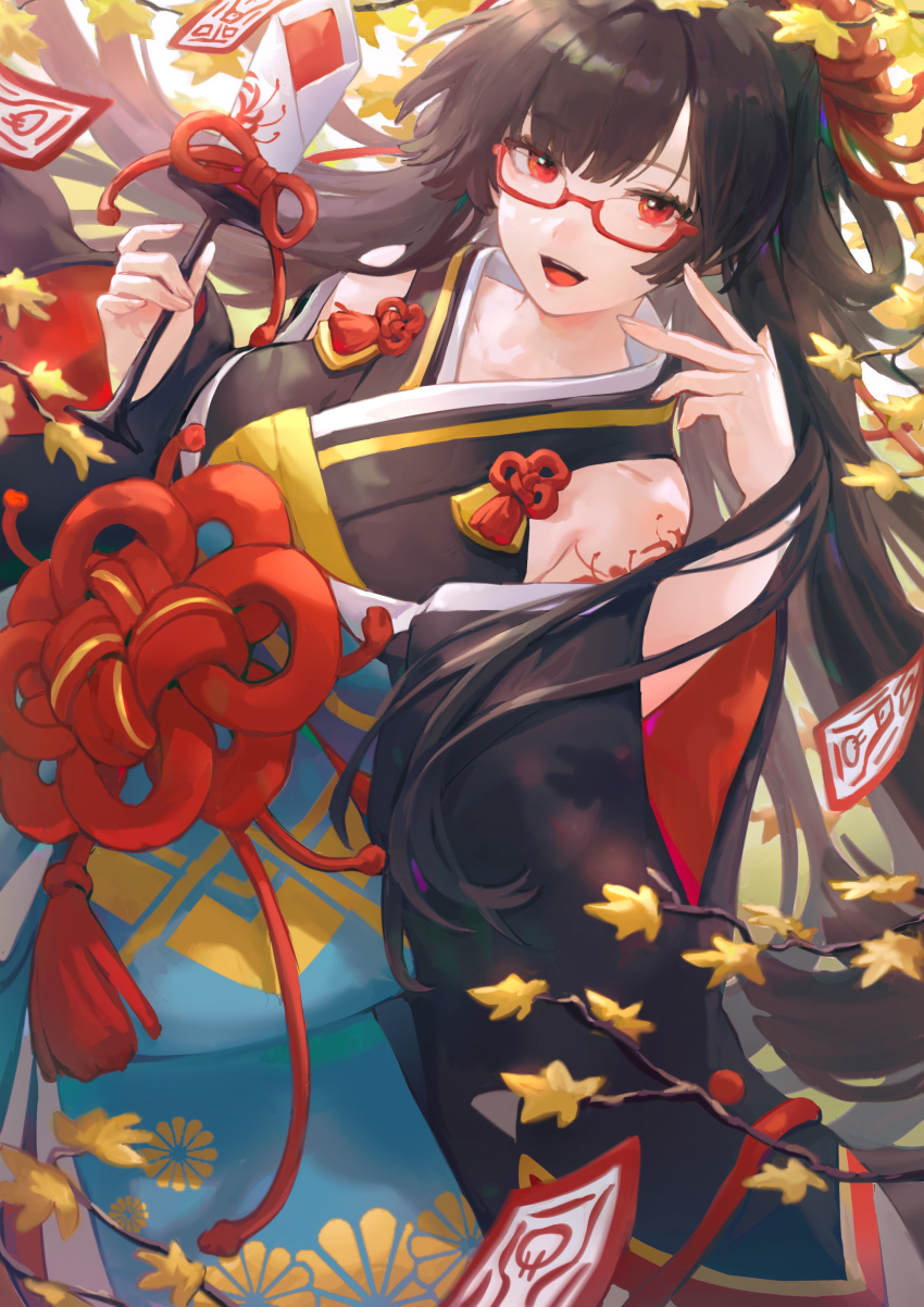 :d absurdres bare_shoulders bibimbub black_hair black_kimono black_shirt branch breasts female floral_print flower flower_tattoo glasses hair_flower hair_ornament hair_rings hand_up higanbana_(onmyoji) highres holding japanese_clothes kimono long_hair long_sleeves looking_at_viewer medium_breasts name_connection object_namesake off_shoulder onmyoji open_mouth red-framed_eyewear red_eyes semi-rimless_eyewear shirt shoulder_tattoo sleeveless sleeveless_shirt smile solo spider_lily spider_lily_print tassel tattoo under-rim_eyewear wide_sleeves