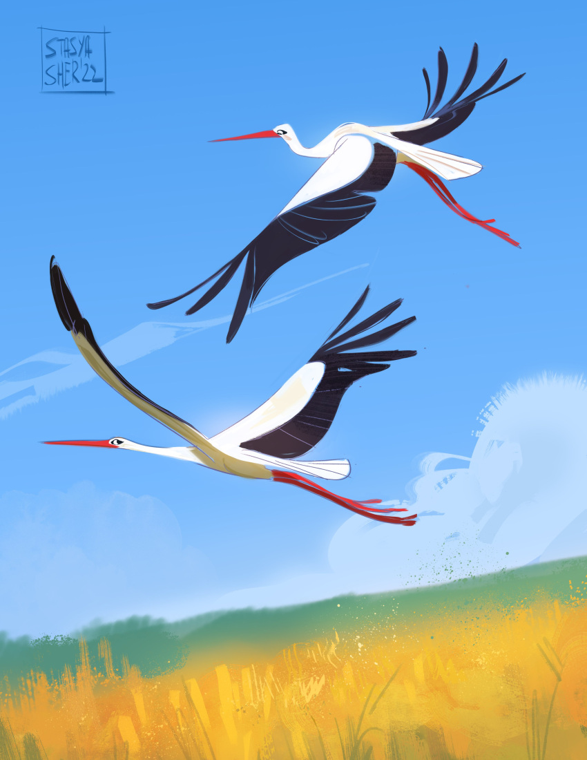 2022 absurdres artist_name bird blue_sky cloud commentary day field flying highres no_humans original outdoors sky stasya-sher stork ukrainian_commentary ukrainian_flag