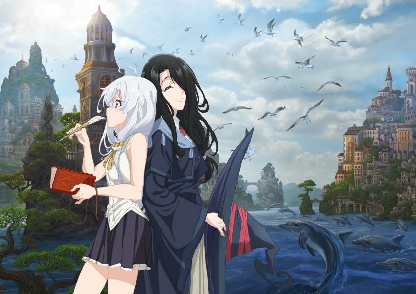 2girls ahoge ascot back-to-back bird black_capelet black_dress black_hair black_headwear black_skirt blue_eyes capelet closed_eyes cloud day dolphin dress dress_shirt elaina_(majo_no_tabitabi) fran_(majo_no_tabitabi) from_side hair_over_one_eye hat highres holding holding_clothes holding_hat holding_pen long_hair majo_no_tabitabi miniskirt mole mole_under_eye multiple_girls official_art outdoors pen pleated_skirt profile shirt skirt sleeveless sleeveless_shirt teacher_and_student tower unworn_hat unworn_headwear white_hair white_shirt witch_hat yellow_ascot