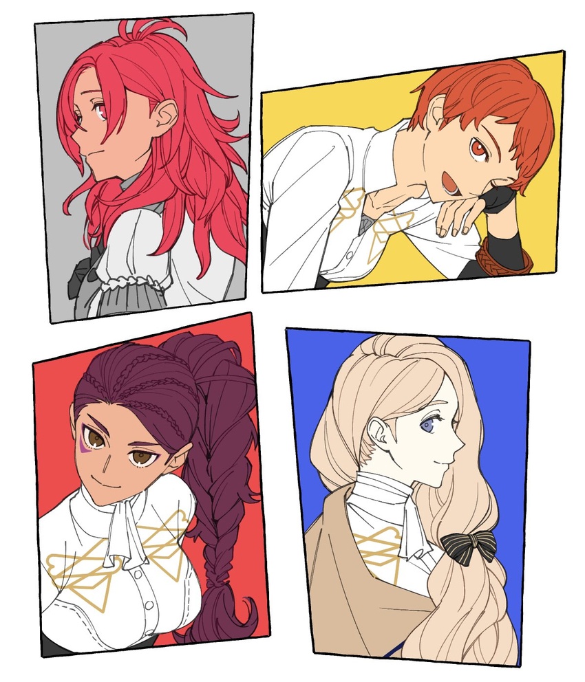 4girls blonde_hair blue_eyes bow braid braided_ponytail brown_eyes fire_emblem fire_emblem:_three_houses flat_color garreg_mach_monastery_uniform hair_over_shoulder hapi_(fire_emblem) highres leonie_pinelli long_hair mercedes_von_martritz multiple_girls orange_eyes orange_hair petra_macneary ponytail purple_hair red_eyes red_hair shishima_eichi short_hair very_short_hair white_background