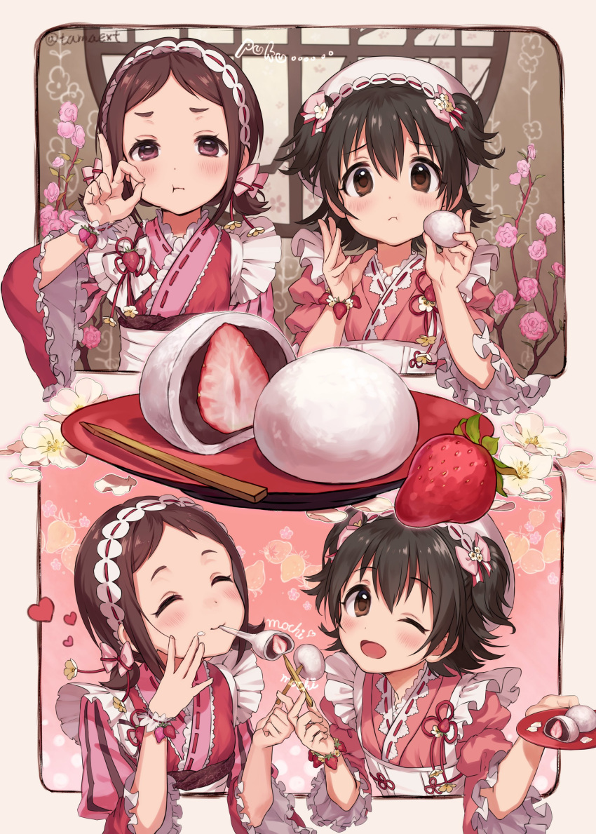 2girls absurdres akagi_miria apron bad_id bad_twitter_id black_hair brown_hair daifuku eating eyebrows flower food frills fruit hair_ornament hairband highres ichigo_daifuku idolmaster idolmaster_cinderella_girls mochi mochi_trail multiple_girls muramatsu_sakura pout ribbon strawberry tamaext twintails wagashi waitress