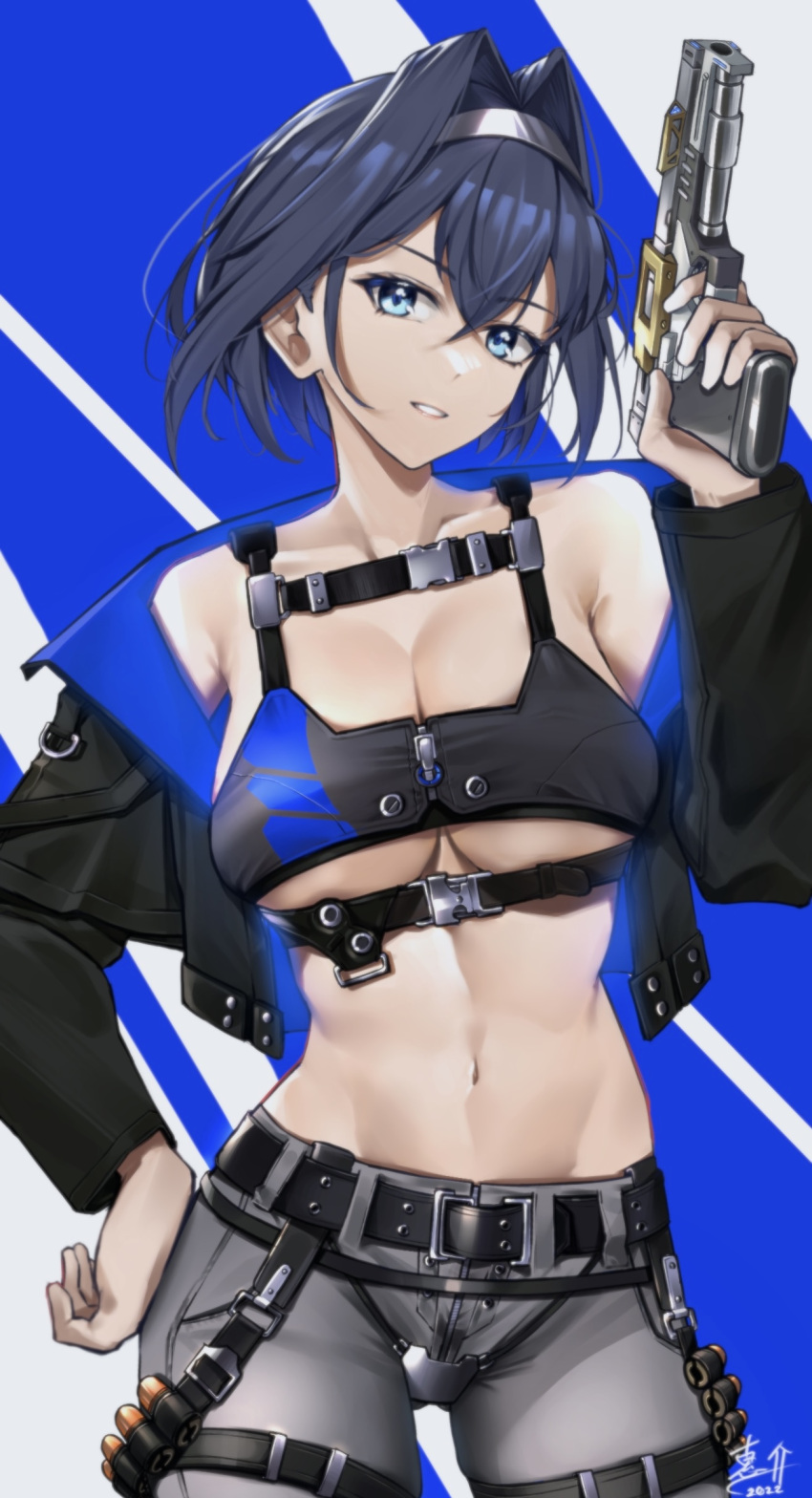 absurdres alternate_costume bad_id bad_pixiv_id bare_shoulders belt black_belt black_jacket blue_eyes blue_hair blue_jacket breasts bullet bustier commentary contrapposto cowboy_shot cropped_jacket crotch_plate dated female finger_on_trigger grey_pants gun hair_intakes hairband hand_on_own_hip handgun harness head_tilt highres holding holding_gun holding_weapon hololive hololive_english jacket keisuke_desu~ large_breasts long_sleeves looking_at_viewer multicolored_clothes multicolored_jacket navel off_shoulder open_clothes open_jacket ouro_kronii pants parted_lips short_hair signature solo stomach thigh_strap two-tone_jacket underboob virtual_youtuber weapon white_hairband zipper_pull_tab