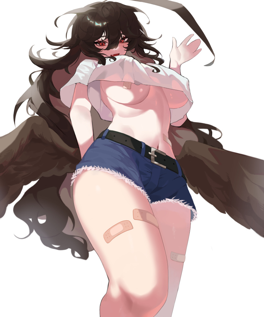 :d absurdres ahoge bad_id bad_pixiv_id bandaid bandaid_on_leg bandaids_on_nipples belt black_hair blue_shorts breasts commission crop_top crop_top_overhang cutoffs denim denim_shorts feathered_wings female from_below hand_up highres huge_ahoge large_breasts long_hair looking_at_viewer low_wings messy_hair micro_shorts midriff navel oerba_yun_fang original pasties red_eyes rima_(0136) shirt short_shorts short_sleeves shorts simple_background smile solo stomach thighs underboob very_long_hair white_background white_shirt wings