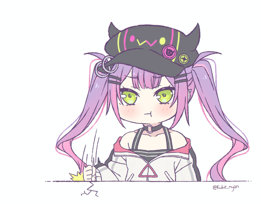 :t black_choker black_hat blush choker colored_inner_hair commentary crack desk_slam english_commentary female green_eyes grey_jacket hat hololive horned_hat jacket kukie-nyan long_hair looking_at_viewer multicolored_hair o-ring o-ring_choker pink_hair purple_hair simple_background solo tokoyami_towa tokoyami_towa_(1st_costume) twintails upper_body virtual_youtuber white_background