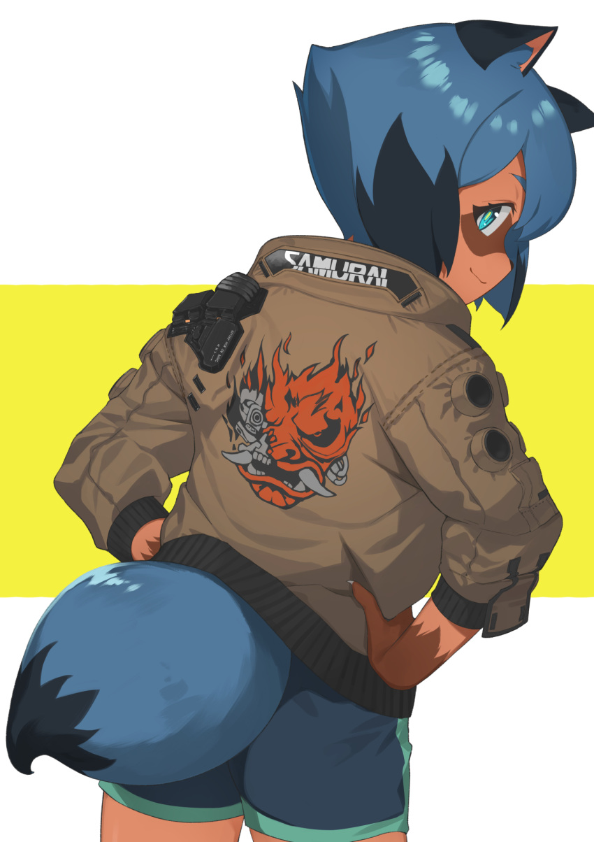 animal_ears ass bike_shorts blue_hair body_fur brand_new_animal brown_jacket commentary_request cosplay cowboy_shot cyberpunk_(series) cyberpunk_2077 female from_behind furry furry_female green_eyes hair_between_eyes hands_on_own_hips highres imori_(lizzy) jacket kagemori_michiru looking_at_viewer looking_back multicolored_hair print_jacket profile raccoon_ears raccoon_girl raccoon_tail samurai_jacket_(cyberpunk) short_hair short_shorts shorts smile solo tail v_(cyberpunk) v_(cyberpunk)_(cosplay)