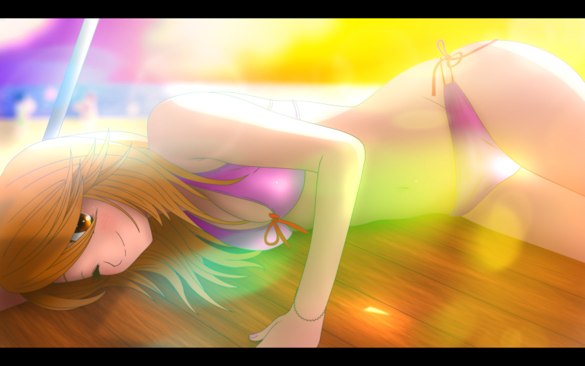 bikini blonde_hair brown_eyes female girl_friends_(manga) highres long_hair looking_at_viewer lying on_side oohashi_akiko pink_bikini self-upload smile solo sunset swimsuit urzuse7en