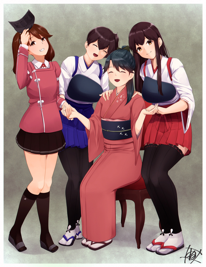 4girls akagi_(kancolle) akagi_kai_ni_(kancolle) alternate_costume anchor_print black_hair blue_hakama breasts brown_eyes brown_hair brown_skirt chair closed_eyes flat_chest gaiters hakama hakama_short_skirt hakama_skirt highres houshou_(kancolle) japanese_clothes jewelry kaga_(kancolle) kaga_kai_ni_(kancolle) kantai_collection kariginu kimono large_breasts long_hair miniskirt multiple_girls muneate obi pink_kimono pleated_skirt ponytail red_hakama ring ryuujou_(kancolle) ryuujou_kai_ni_(kancolle) sandals sash side_ponytail sidelocks sitting skirt straight_hair tabi tadokoro_nurikabe thighhigh_gaiters thighhighs twintails visor_cap wedding_ring white_legwear wide_sleeves zouri