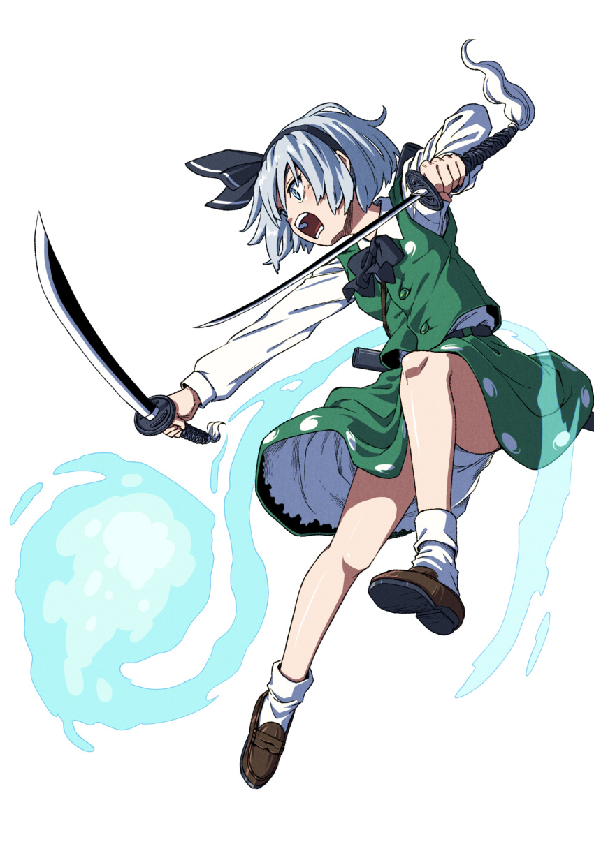 bad_id bad_twitter_id black_hairband black_ribbon blue_eyes blush brown_footwear buttons collared_shirt female full_body green_skirt green_vest grey_hair hair_ribbon hairband highres holding holding_sword holding_weapon inuno_rakugaki katana konpaku_youmu konpaku_youmu_(ghost) long_sleeves open_mouth ribbon shirt shoes short_hair simple_background skirt socks solo sword touhou vest weapon white_background white_shirt white_socks