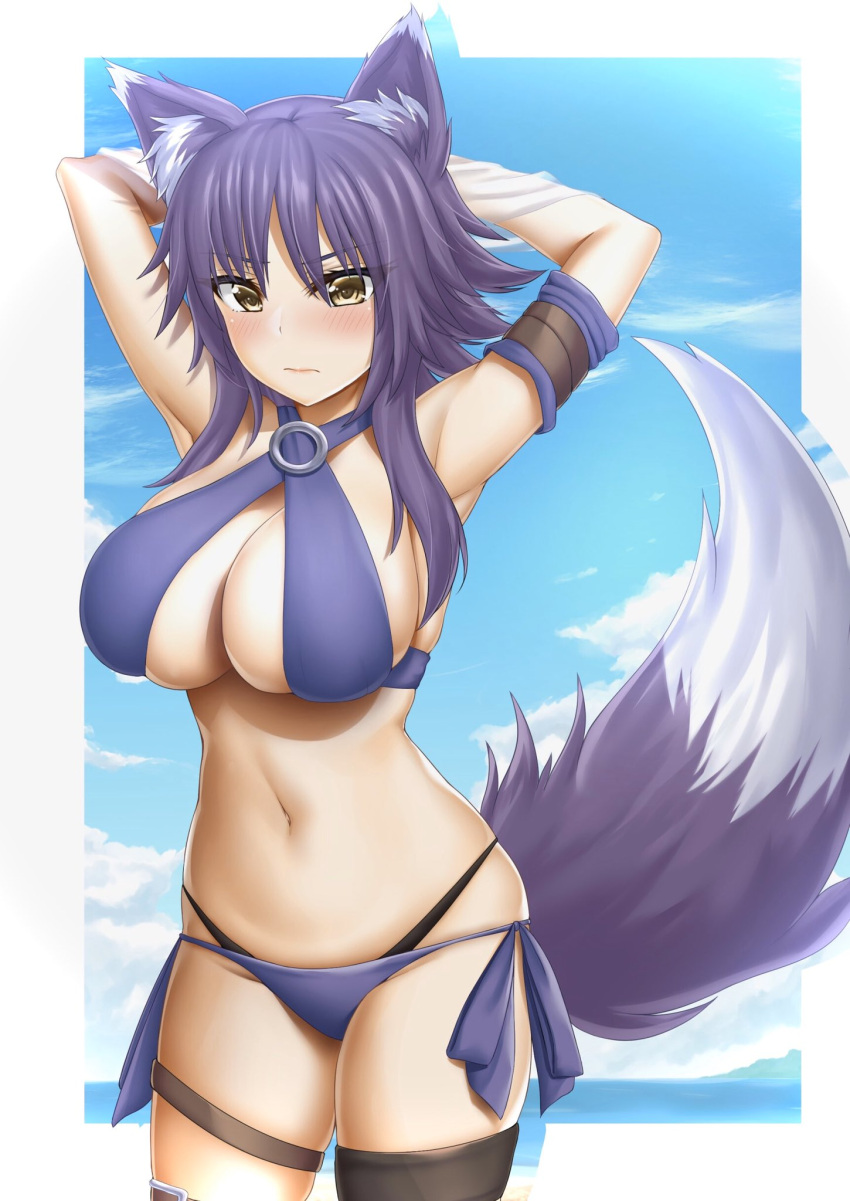 abukobato animal_ear_fluff animal_ears bad_id bad_twitter_id bikini black_panties blue_background blue_sky blush border breasts closed_mouth cloud cloudy_sky cowboy_shot criss-cross_halter day embarrassed female hair_between_eyes halterneck hands_up highres horizon large_breasts leg_belt long_hair looking_at_viewer makoto_(princess_connect!) makoto_(summer)_(princess_connect!) navel ocean outside_border panties panties_under_swimsuit princess_connect! purple_bikini purple_hair side-tie_bikini_bottom skindentation sky solo standing swimsuit tail thigh_strap underwear white_border wolf_ears wolf_girl wolf_tail yellow_eyes