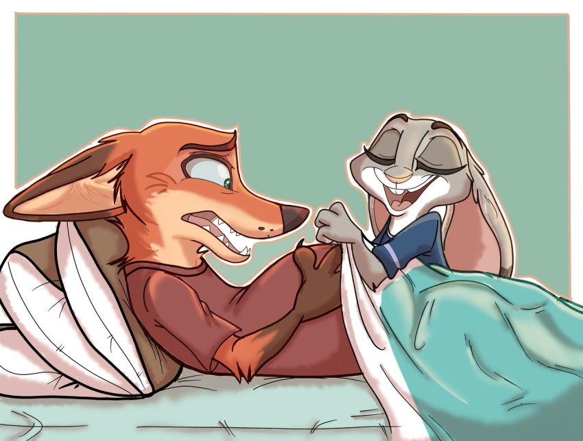 anthro bed belly canid canine disney duo female fox furniture hands_on_belly judy_hopps lagomorph leporid male male/female mammal nick_wilde pregnant pregnant_anthro pregnant_male rabbit red_fox scared true_fox xx-junglebeatz-xx zootopia