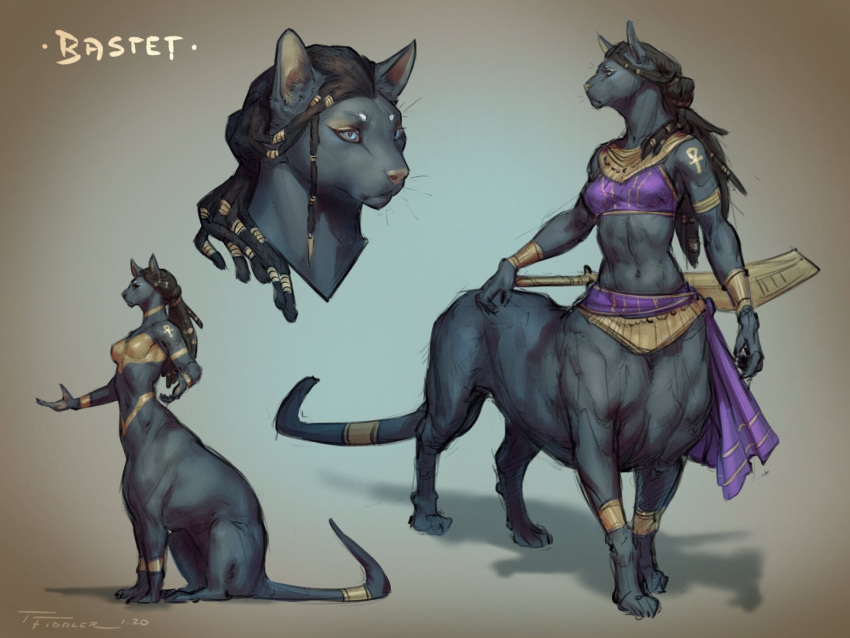 2020 4:3 bast black_body black_fur black_hair breasts clothed clothing deity digital_media_(artwork) domestic_cat egyptian egyptian_mythology felid felid_taur feline felis female fur hair hi_res long_hair mammal mammal_taur melee_weapon middle_eastern_mythology mythology sheathed_weapon simple_background solo sword sword_sheath taran_fiddler taur weapon weapon_sheath