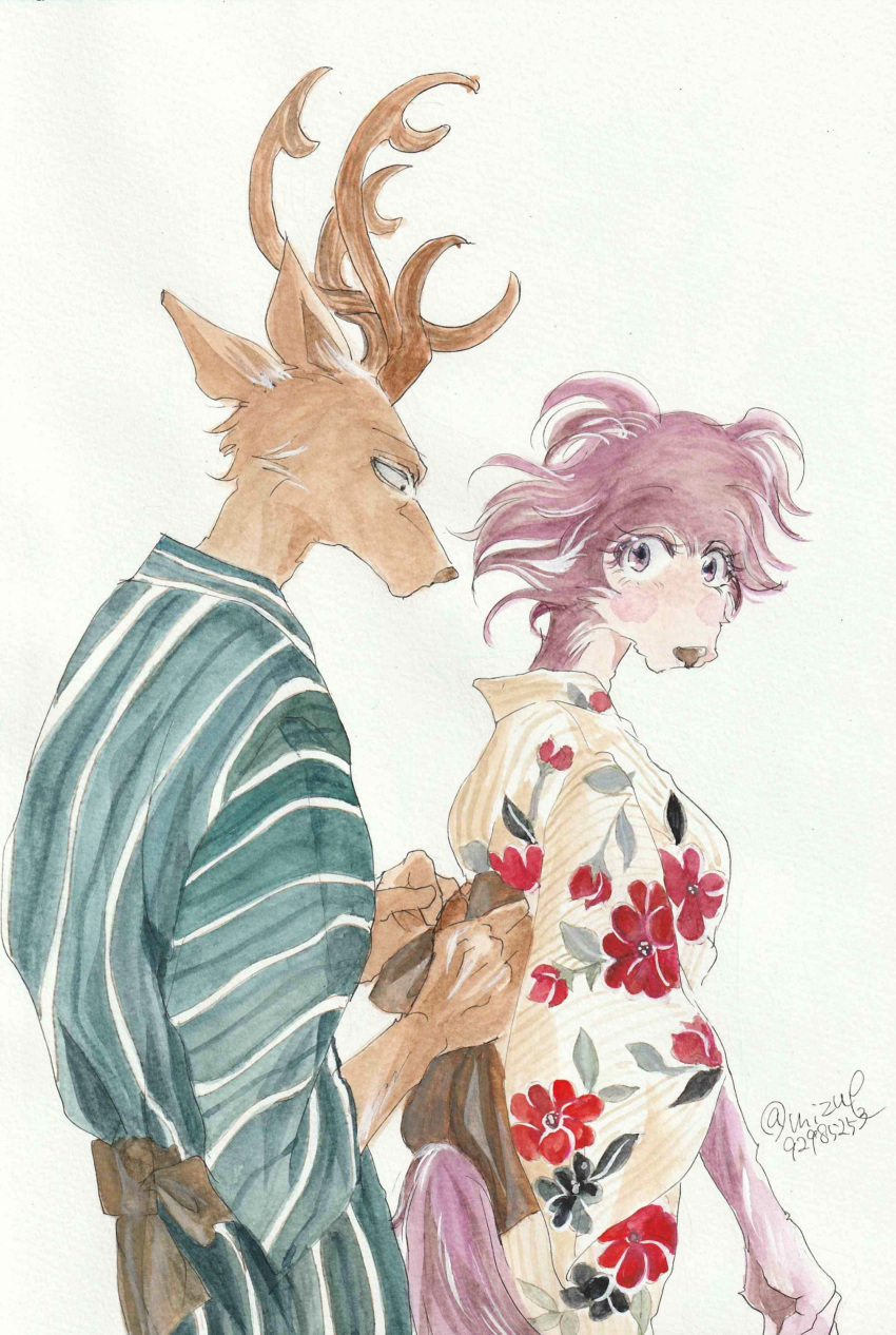 1boy absurdres antlers bad_id bad_pixiv_id beastars blush closed_mouth deer_boy dressing_another female floral_print furry furry_female furry_male hands_up highres horns japanese_clothes juno_(beastars) kimono long_sleeves looking_at_viewer looking_away looking_back looking_down louis_(beastars) miizzeee sash simple_background slippers standing striped_clothes striped_kimono traditional_media tying upper_body vertical-striped_clothes vertical-striped_kimono yukata