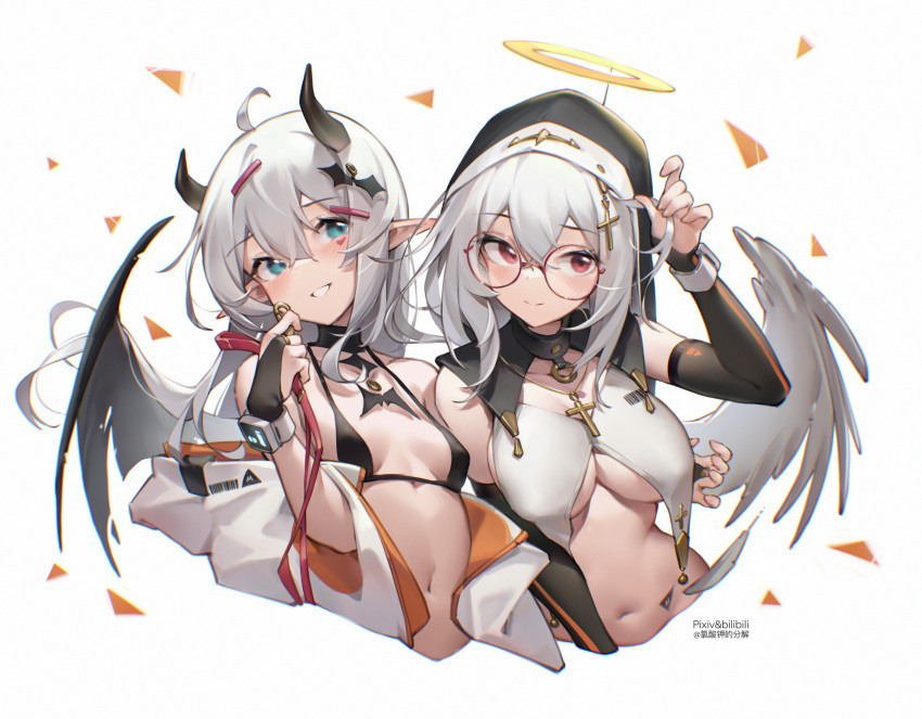 2girls absurdres angel_wings arm_around_waist bikini bilibili_xiaolu black_bikini blue_eyes breast_curtains breasts bridal_gauntlets chinese_commentary closed_mouth commentary_request cropped_torso cross_hair_ornament demon_horns demon_wings detached_sleeves feathers glasses habit hair_between_eyes hair_ornament halo highres holding horns jacket long_hair long_sleeves medium_breasts multiple_girls navel nun off_shoulder original parted_lips pointy_ears red_eyes simple_background small_breasts smile stomach striped swimsuit upper_body white_background white_hair white_jacket wings