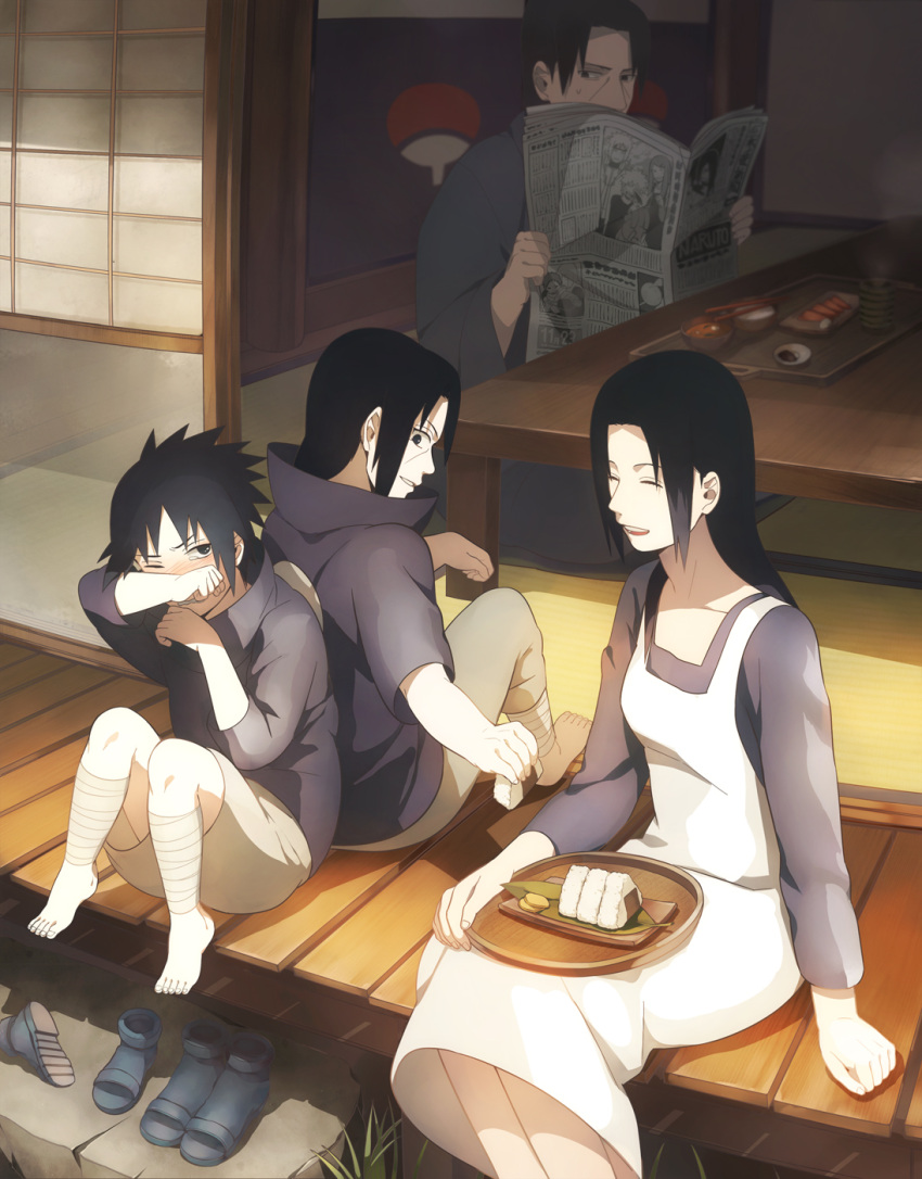 3boys apron back-to-back black_eyes black_hair black_shirt bowl brothers chopsticks commentary_request family father_and_son female fish_(food) food highres holding long_hair looking_at_another mother_and_son multiple_boys naruto naruto_(series) newspaper oba-min one_eye_closed onigiri open_mouth rice sandals sashimi shirt short_sleeves shorts siblings soup table teeth uchiha_fugaku uchiha_itachi uchiha_mikoto uchiha_sasuke white_shorts