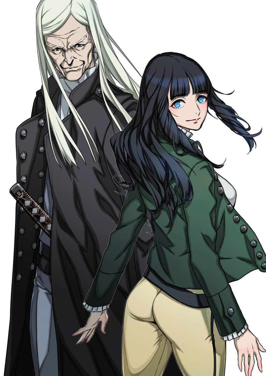 1boy ayamura_kirihito belt black_coat black_hair blue_eyes blush brown_eyes closed_mouth coat devil_summoner_(series) female frills green_jacket grey_hair highres jacket katana kuzunoha_geirin long_hair looking_at_viewer looking_back nagi_(devil_summoner) old old_man open_clothes open_coat open_jacket simple_background smile sword weapon white_background