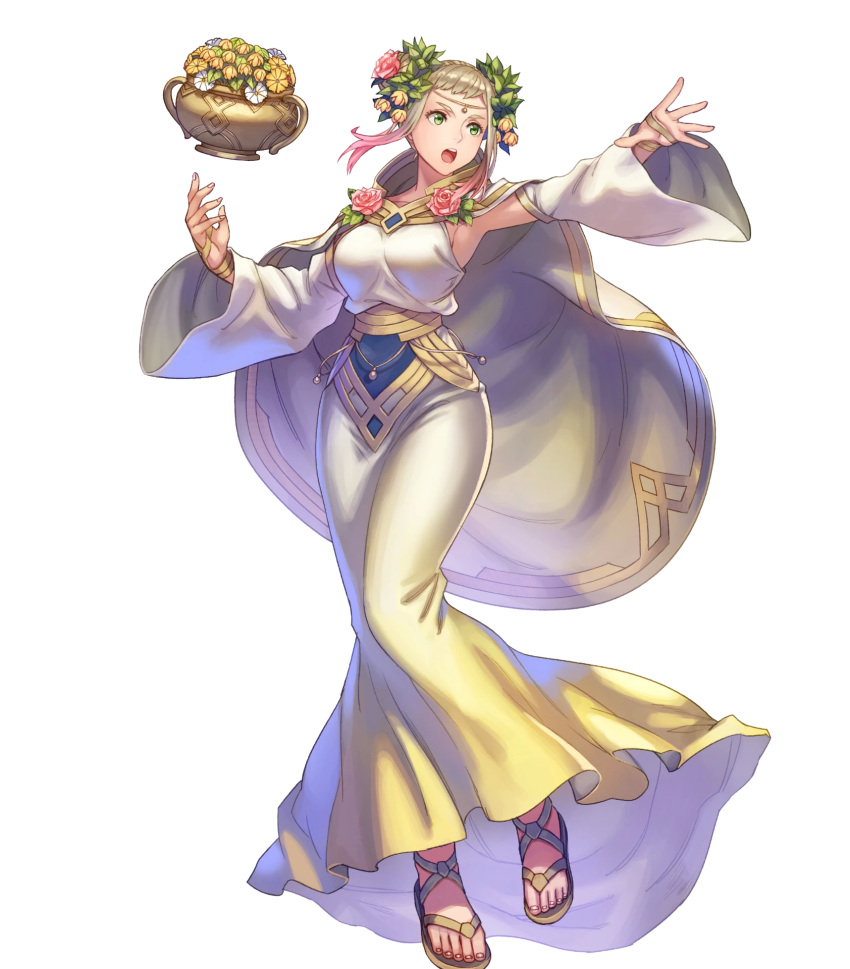 anbe_yoshirou armpits blonde_hair breasts cape circlet dress female fire_emblem fire_emblem_heroes floating floating_object flower flower_pot full_body gold_trim gradient_clothes gradient_hair hair_ornament henriette_(fire_emblem) henriette_(valentine)_(fire_emblem) highres long_dress looking_away medium_breasts multicolored_hair non-web_source official_art open_mouth pink_hair sandals sidelocks toes transparent_background wide_sleeves