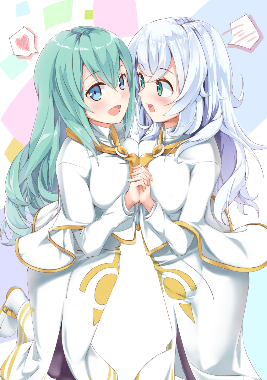 2girls absurdres alice_carroll anya_dostoyevskaya aria_(manga) aria_the_avvenire ascot bananatsukis black_legwear blush breast_press breasts capelet clothing_cutout dress embarrassed eye_contact face-to-face full_body green_hair grey_hair heart highres holding_hands interlocked_fingers long_dress long_hair looking_at_another looking_at_viewer multiple_girls no_headwear orange_planet_uniform pantyhose side_slit symmetrical_docking thought_bubble white_dress yellow_ascot