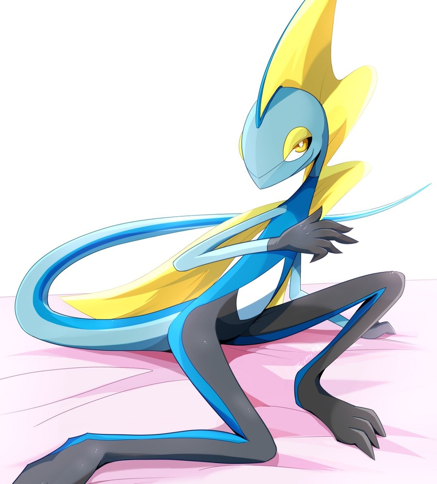 2020 3_toes 5_fingers ambiguous_gender anthro black_body blue_body cape clothing feet fingers generation_8_pokemon gloves handwear hi_res inteleon nintendo pokemon pokemon_(species) reptile scalie simple_background sitting smile solo toes white_background yellow_body yellow_eyes zymonasyh