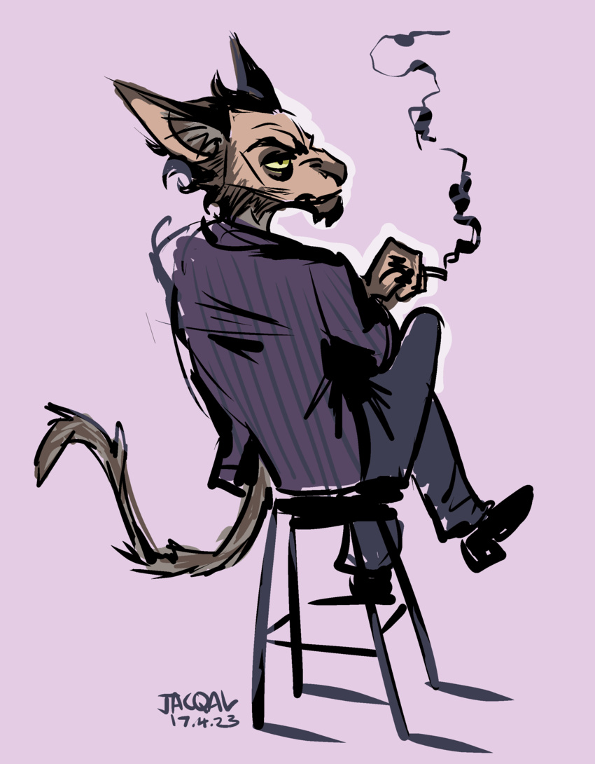 2023 absurd_res anthro beard big_ears binary_drawing blazer chin_tuft cigarette clothing darius_(jacqal) digital_media_(artwork) domestic_cat facial_hair facial_tuft felid feline felis footwear green_eyes hi_res jacqal looking_at_viewer looking_back looking_back_at_viewer lykoi male mammal middle_aged rear_view receding_hairline sitting sitting_on_stool smoke smoking smoking_cigarette sneer solo tail teeth tuft widow's_peak